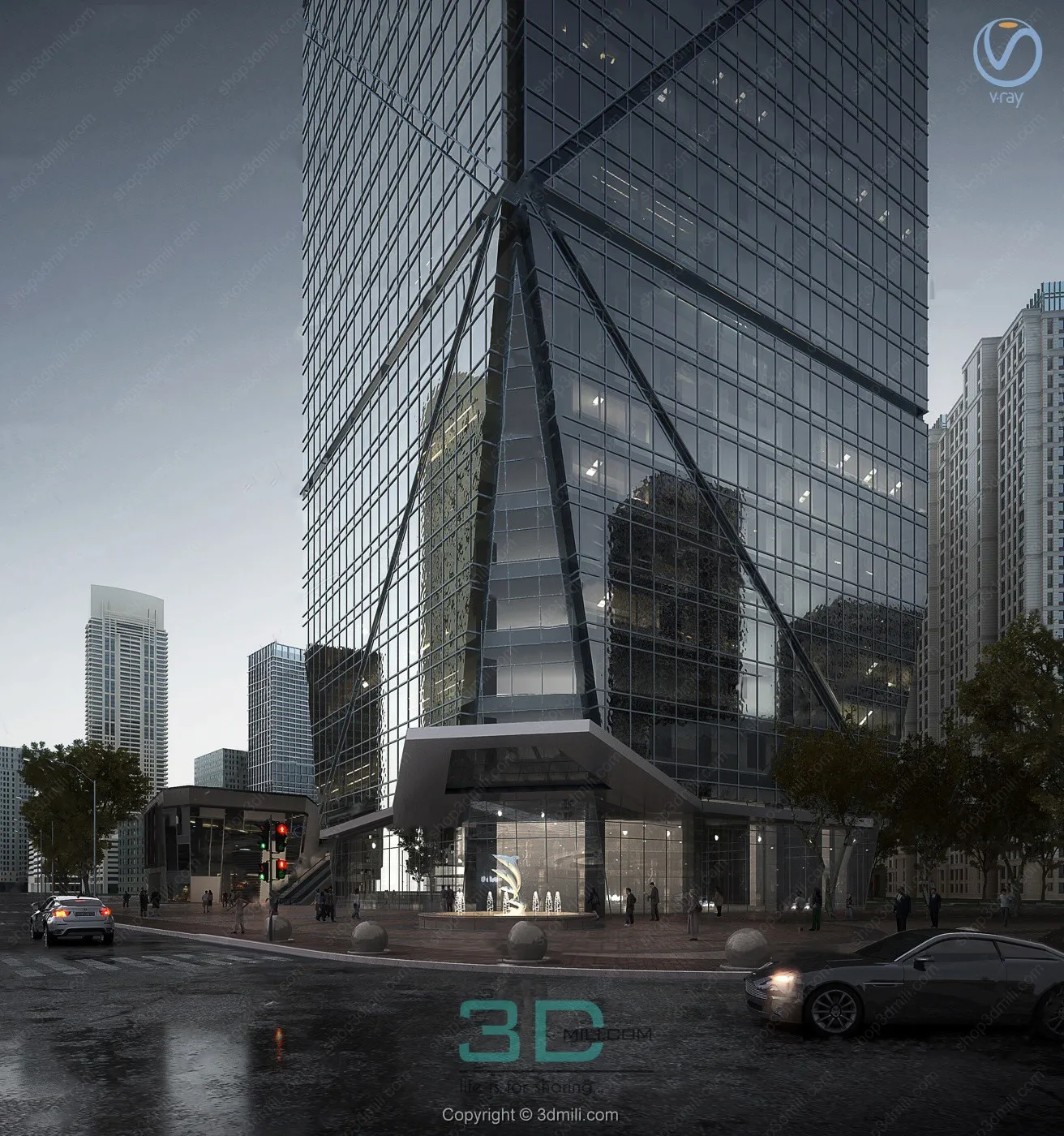 03.Modern cloudy office building exterior 3d model – 11036