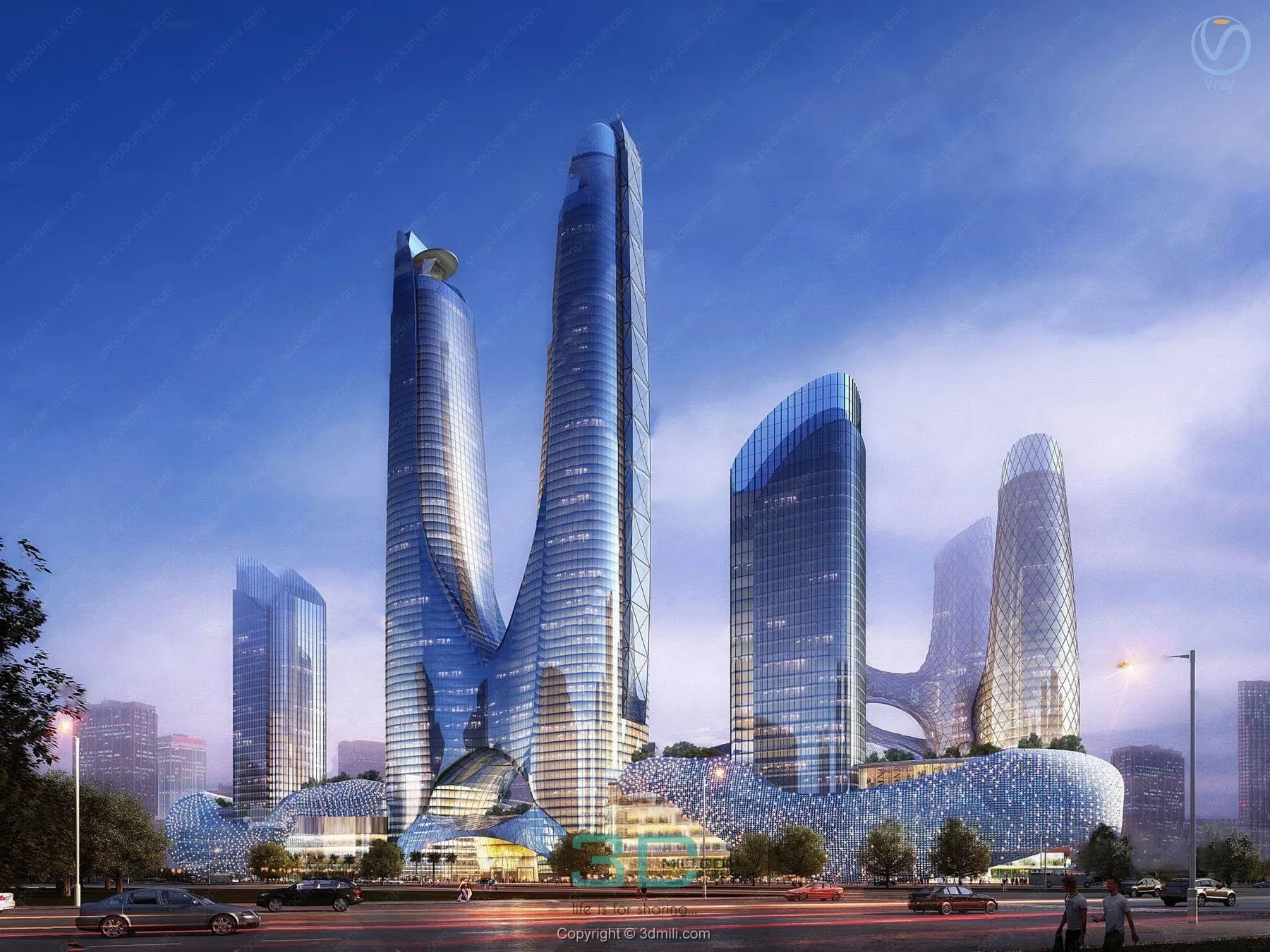 06.Modern commercial office building night view architectural exterior 3d model – 11039