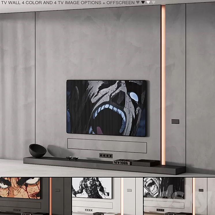 226 tv wall kit 08 minimal wall in 4 color and tv options 00 3D Model Free Download