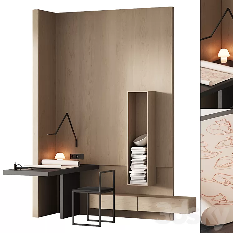 243 office furniture 08 workplace 04 minimal angle zone with cat drawing 01 3D Model Free Download