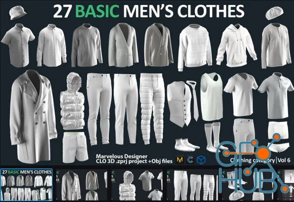 27 BASIC MEN’S CLOTHES PACK – Marvelous Designer – CLO3D + ZPRJ + OBJ + material