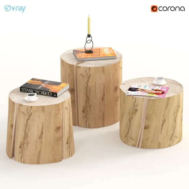 3 coffee tables of stumps with decor 3D Model 3 coffee tables of stumps with decor 3D Model