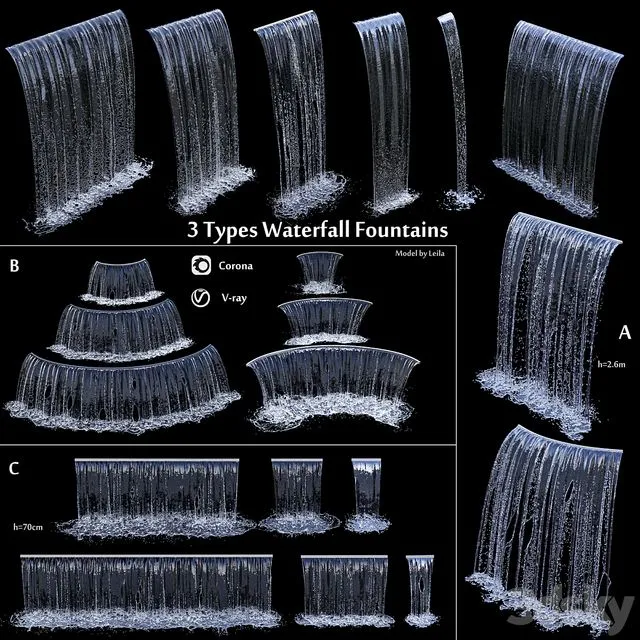 3 types of waterfall Fountains cascade in different sizes 3D Model 3 types of waterfall Fountains cascade in different sizes 3D Model