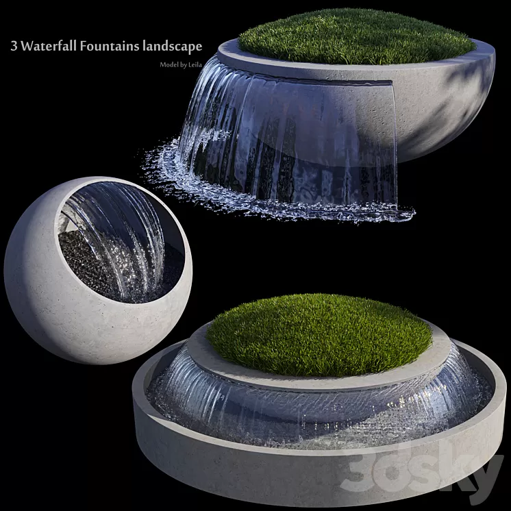 3 Waterfall Fountains Landscape 3D Model