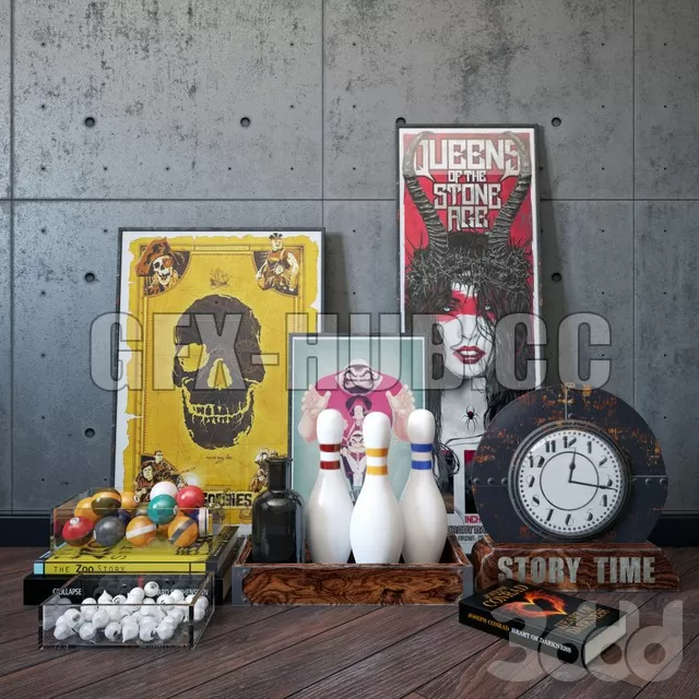 DECORATION – Decorative set with clocks, books, skittles DECORATION – Decorative set with clocks, books, skittles