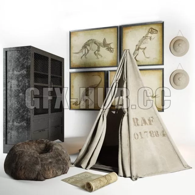 PRO MODELS – Restoration hardware Wigwam, cupboard, hat, ottoman, paintings