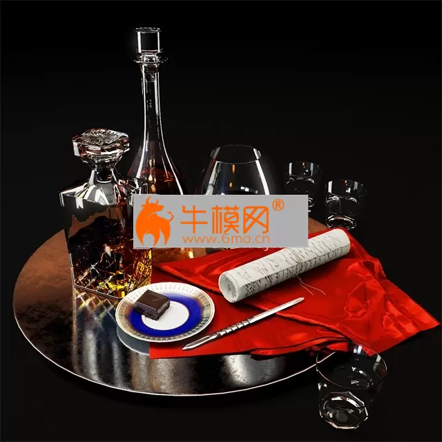 PRO MODELS – Set whiskey and cognac decanter on dish