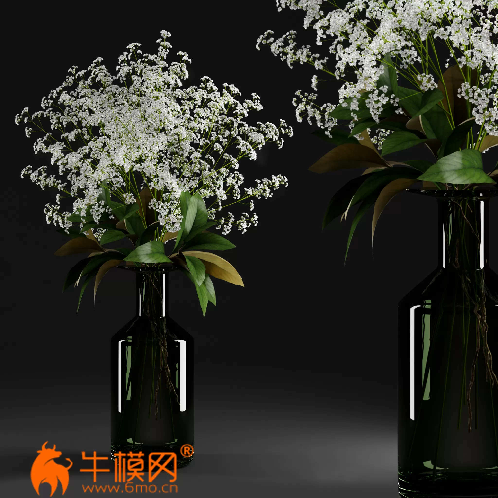 Gypsophila and magnolia leaves in bottle (MAX 2011, OBJ) – 1905 Gypsophila and magnolia leaves in bottle (MAX 2011, OBJ) – 1905