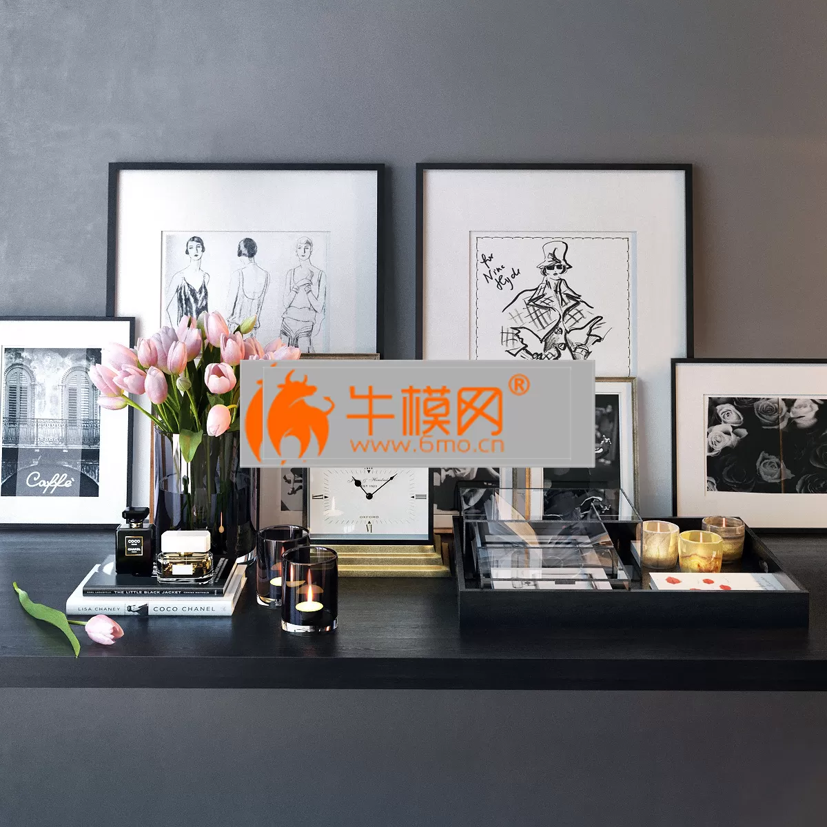 Decorative set (clock, tulips, candles) – 4680 Decorative set (clock, tulips, candles) – 4680