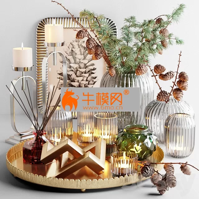 Decorative set with larch branch and candles – 4749 Decorative set with larch branch and candles – 4749