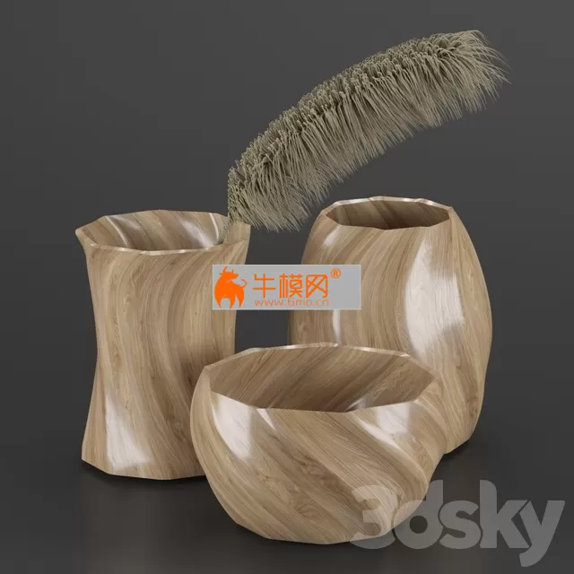 WOOD VASE AND DRY PLANT – 5843