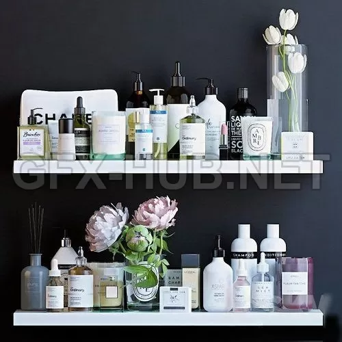 Shelves with with peoniescosmetics and bathroom decor – 224995 Shelves with with peoniescosmetics and bathroom decor – 224995