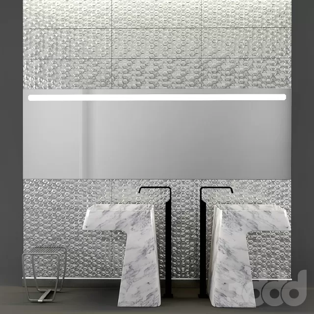 Напольная раковина Antonio Lupi Marmo Carrara + Cмеситель Gessi Rettangolo-XL 26195 + Табурет Gessi Mimi + Плитка Nanoforma Silver Illusion 30×90 – 235953