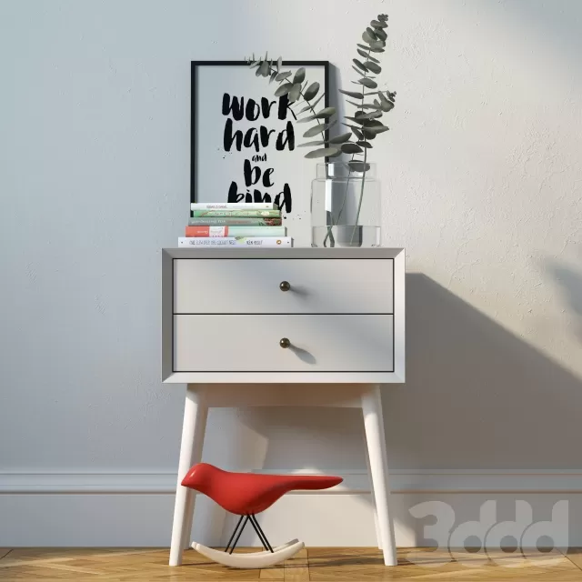 Прикроватная тумбочка Mid-Century Nightstand White + декор – 237271