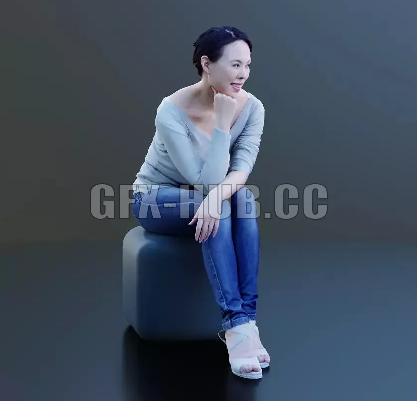 PBR Game 3D Model – Asian Bao woman in a seated pose (3D Scan)