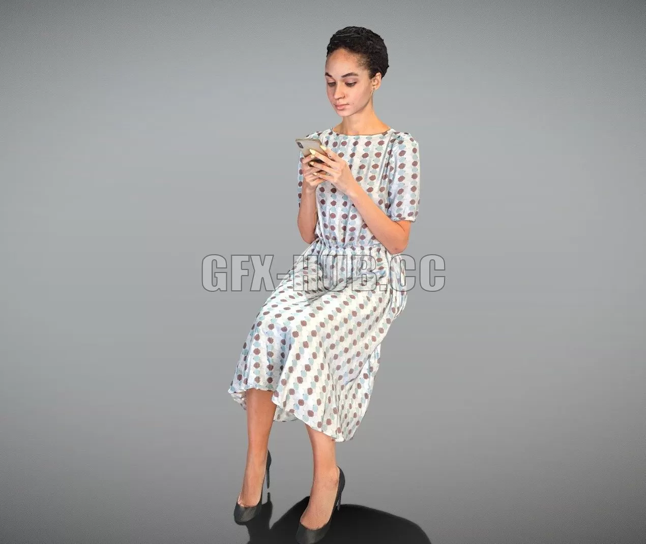 PBR Game 3D Model – Attractive woman in midi dress sitting 261