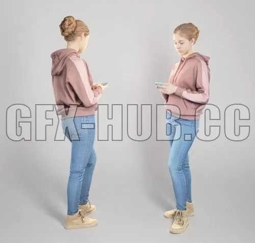 PBR Game 3D Model – Beautiful girl in casual using smartphone 318