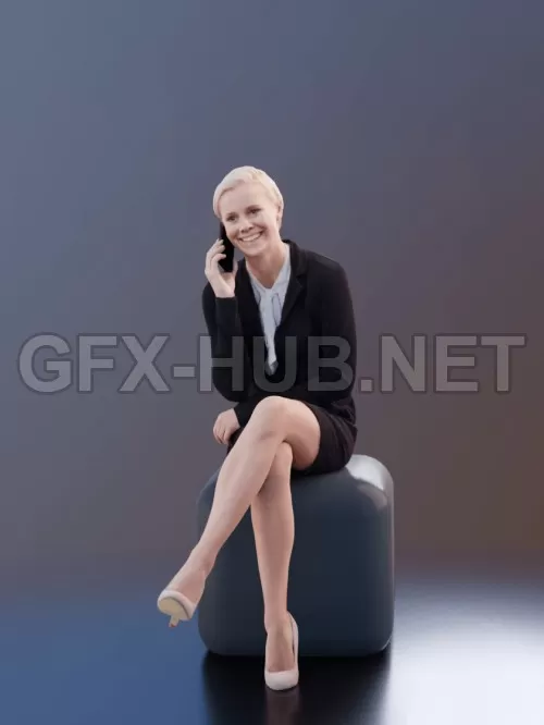 PBR Game 3D Model – Business Woman Sitting Talking with Cellphone Scanned