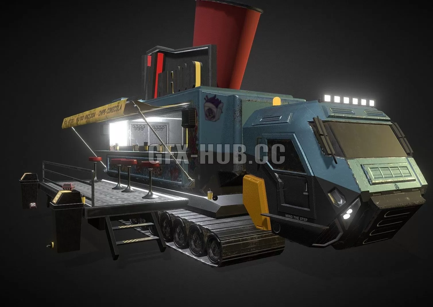 PBR Game 3D Model – Cyberpunk Food Truck Walfood