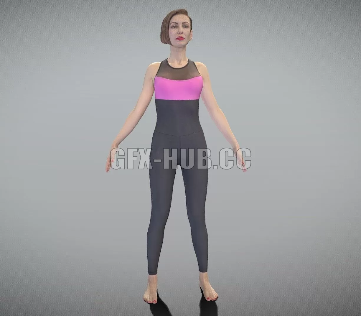 PBR Game 3D Model – Fitness woman with red lips in A-pose 286
