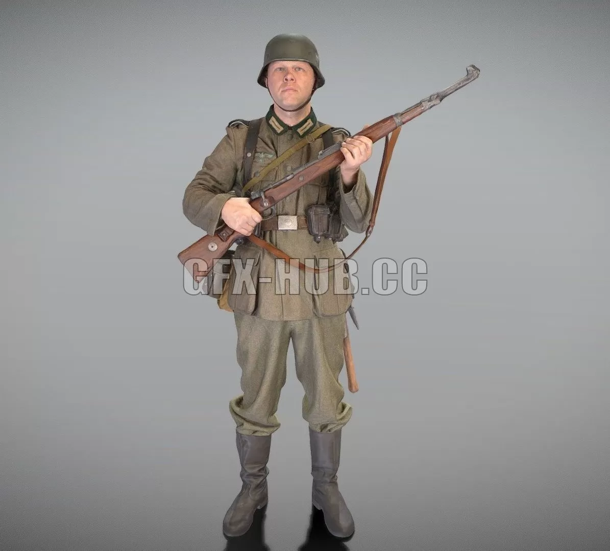 PBR Game 3D Model – Fully equipped German soldier with gun 344
