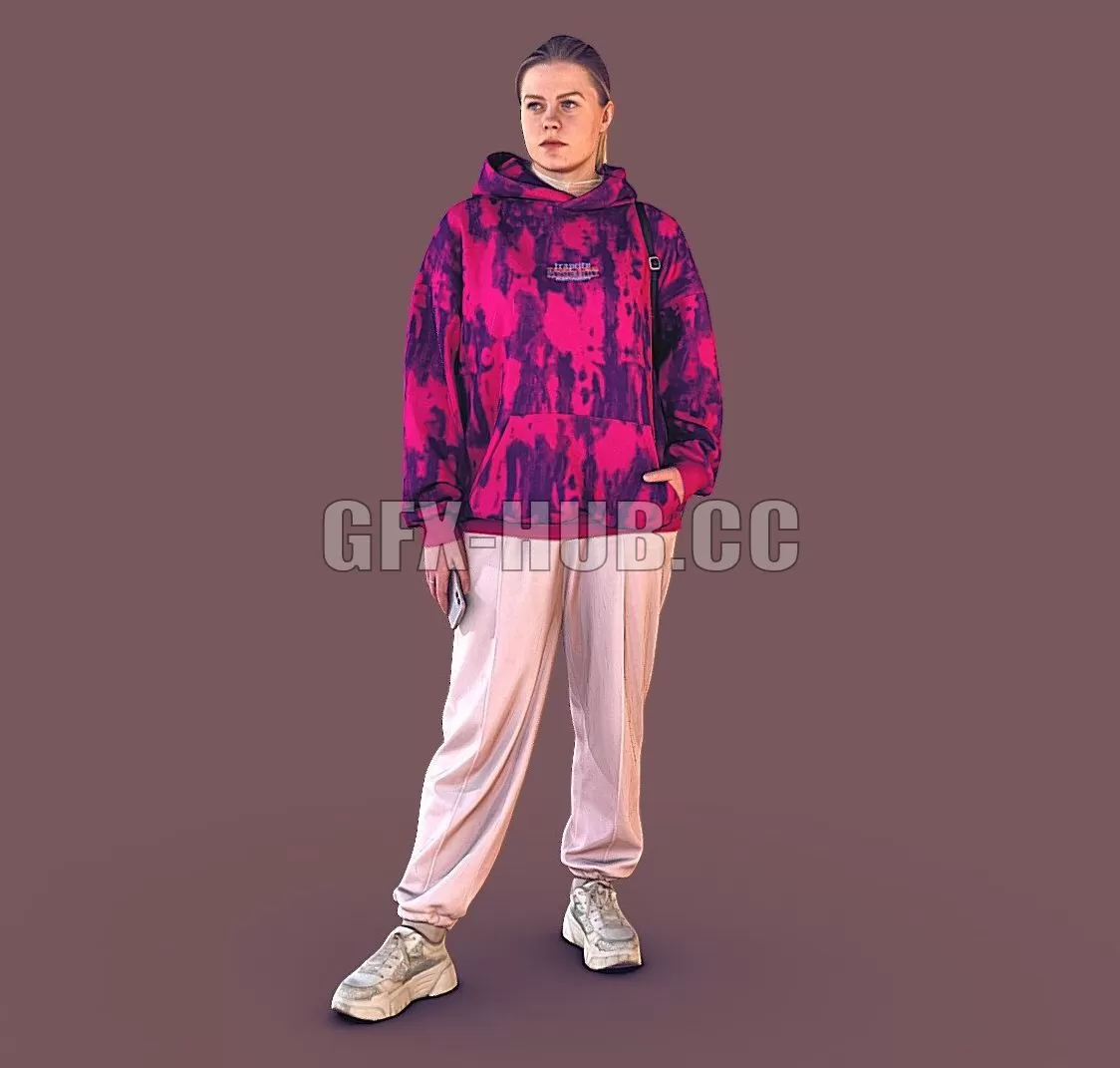 PBR Game 3D Model – Girl in a Oversized Pink Hoodie