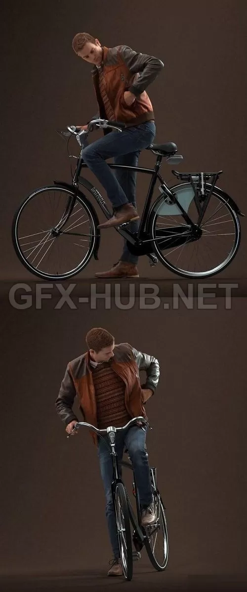 PBR Game 3D Model – Guy With Bicycle Pre Posed