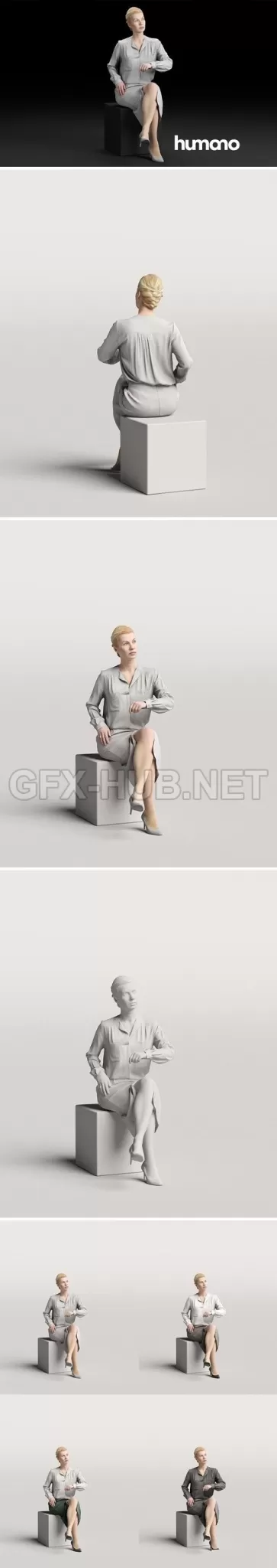PBR Game 3D Model – Humano Elegant business woman in skirt sitting and looking 0113