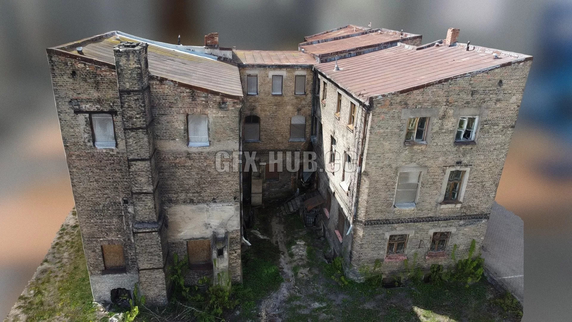 PBR Game 3D Model – Old Brick 3-story Building