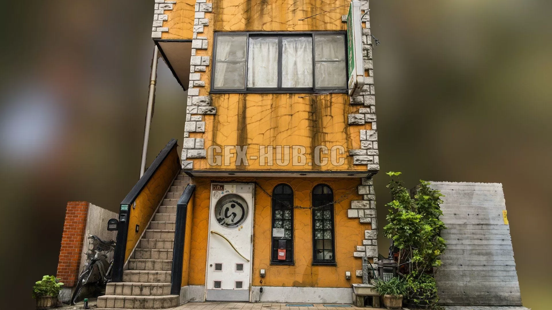 PBR Game 3D Model – Orange building with stairs