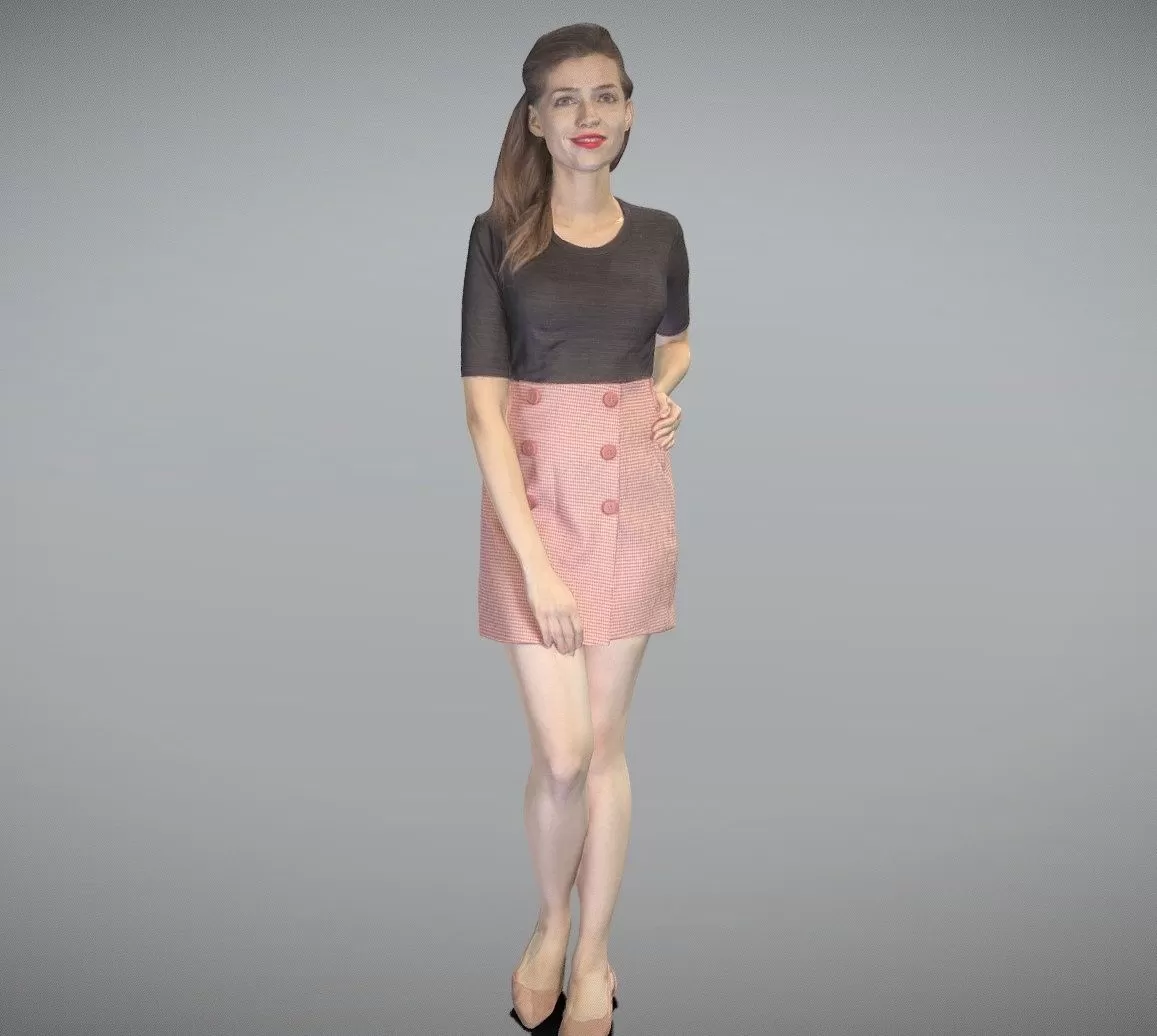 PBR Game 3D Model – Pretty woman in sweater and skirt smiling