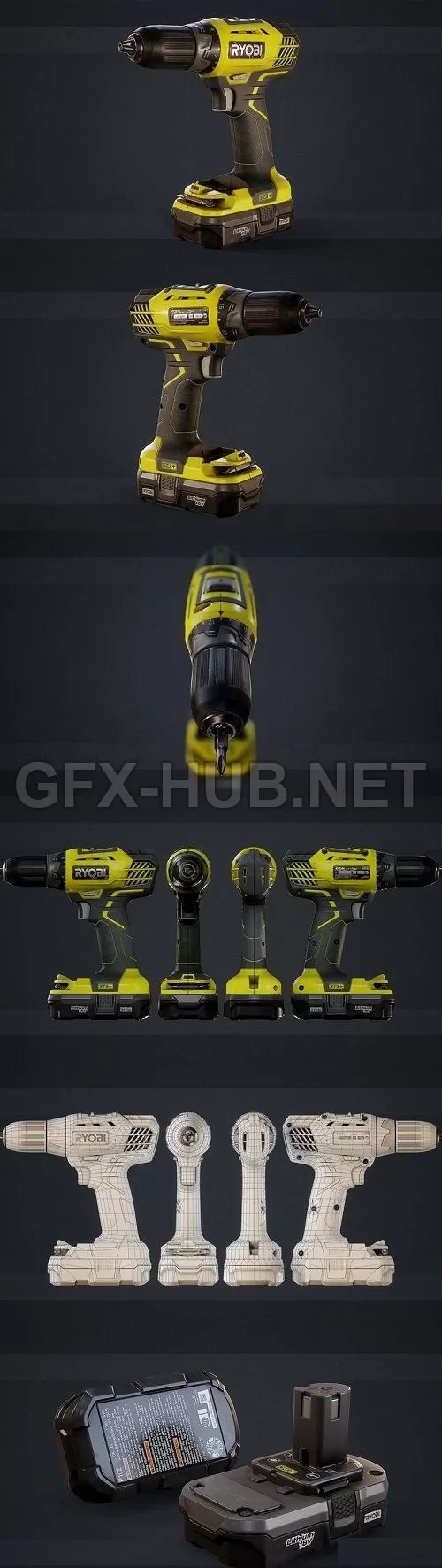 PBR Game 3D Model – Ryobi Drill (max, fbx, obj)
