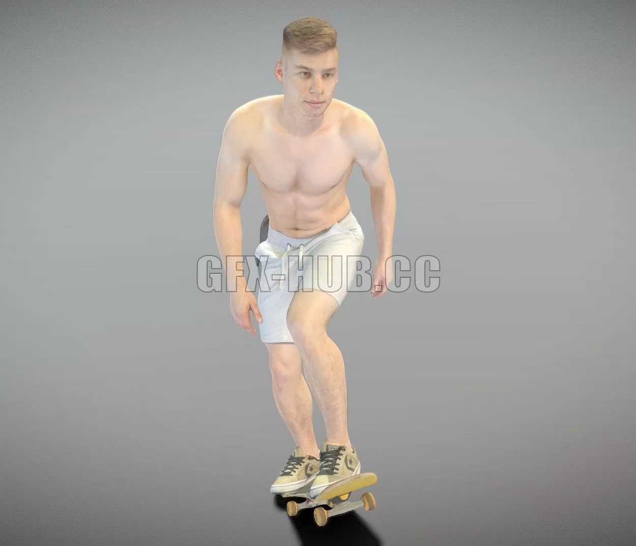 PBR Game 3D Model – Shirtless man riding on a skateboard