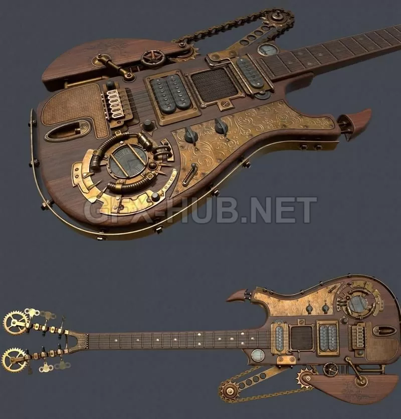 PBR Game 3D Model – Steampunk guitar