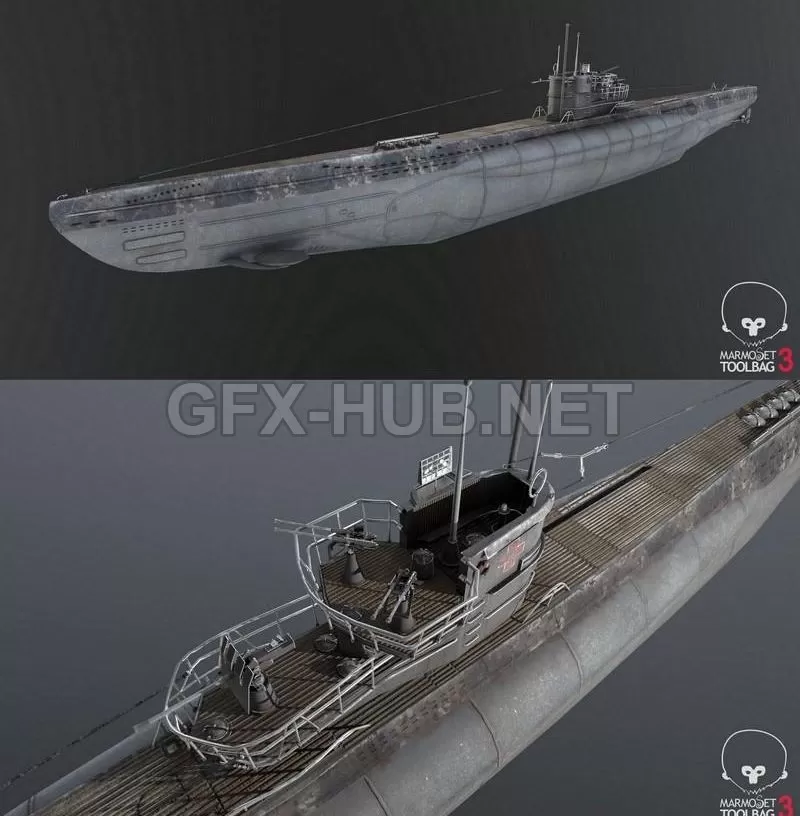 PBR Game 3D Model – U-Boot Submarine – Type-7C U-995