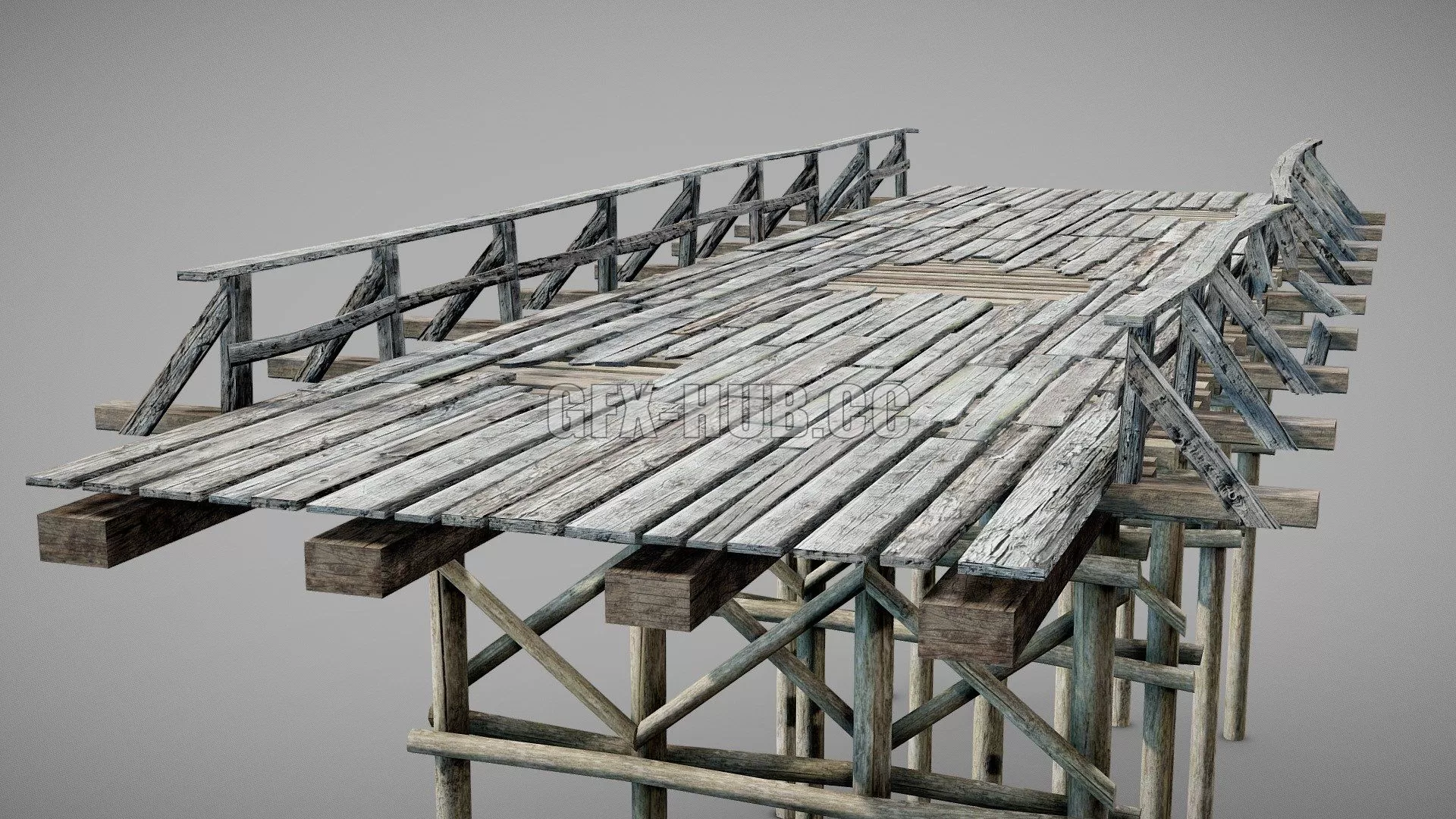 PBR Game 3D Model – Wooden old bridge damaged an3 Low-poly