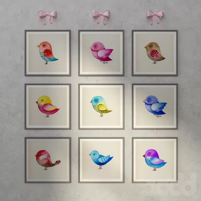 CHILDRENS ROOM DECOR – Акварельные картины с птичками 9 шт