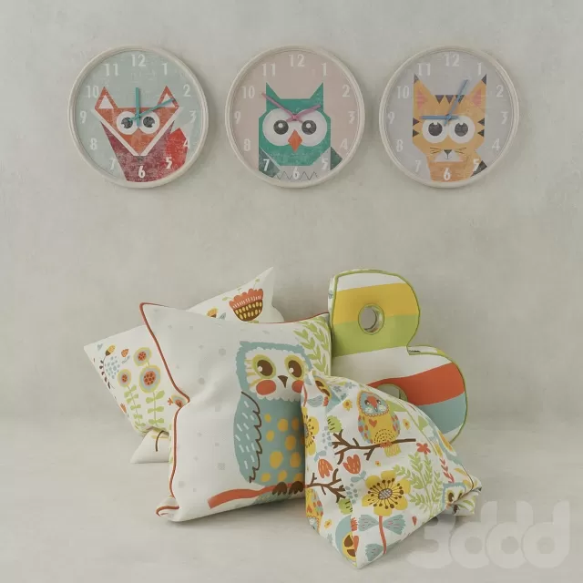 CHILDRENS ROOM DECOR – Набор часы с подушками – Зверята