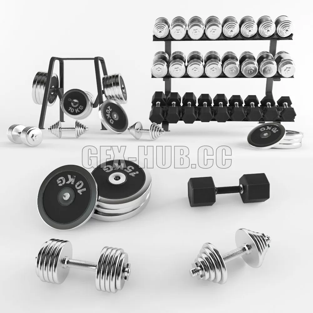 FURNITURE 3D MODELS – A Set of Sports Dumbbells and Pancakes on the Racks FURNITURE 3D MODELS – A Set of Sports Dumbbells and Pancakes on the Racks