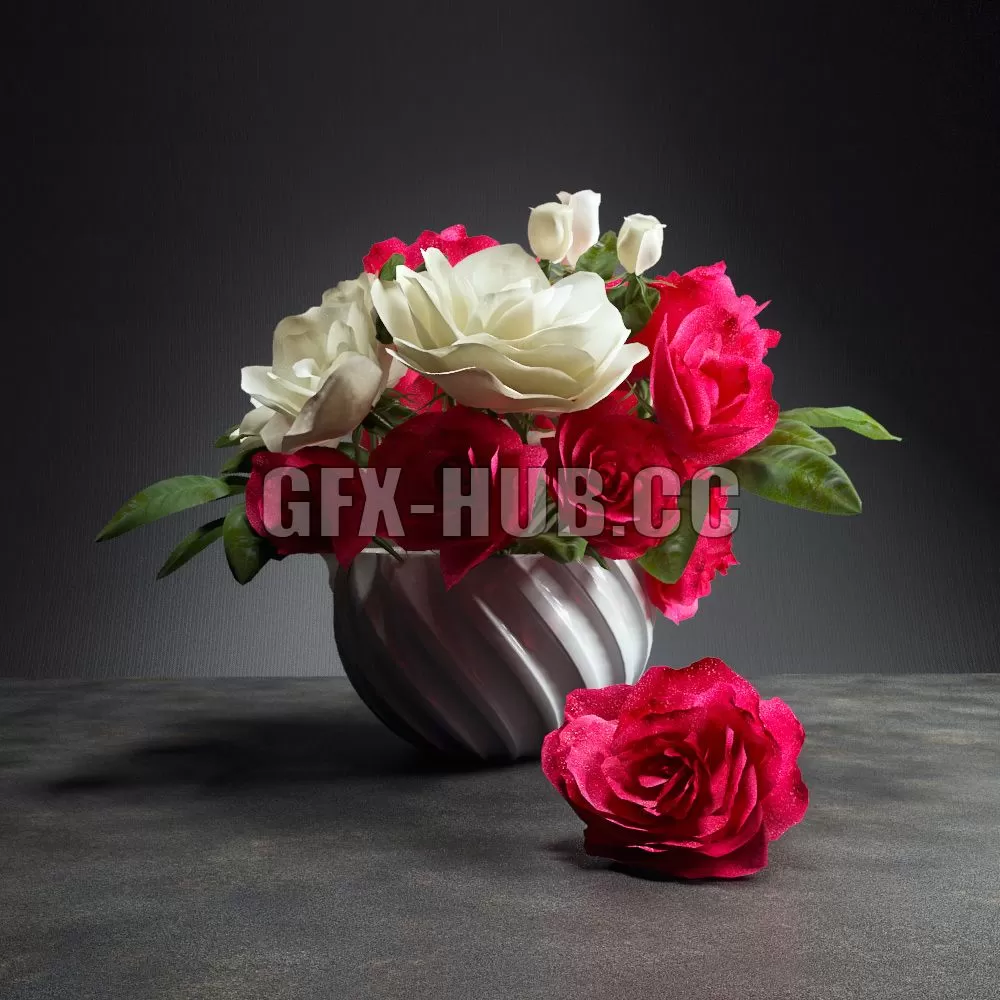 FURNITURE 3D MODELS – Bouquet of bright pink and white roses in a vase FURNITURE 3D MODELS – Bouquet of bright pink and white roses in a vase