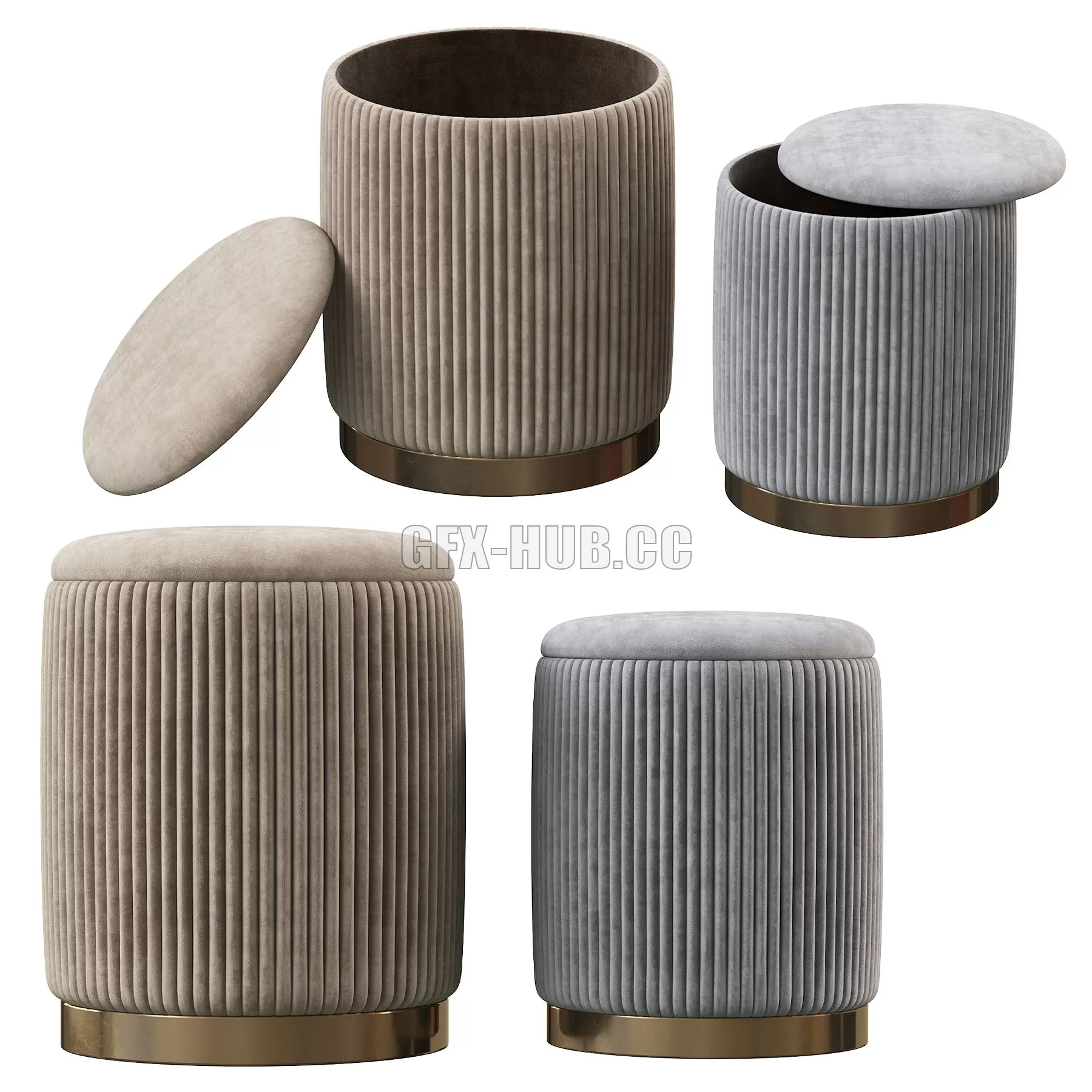 FURNITURE 3D MODELS – Channeled Gray Storage Ottomans Set of 2