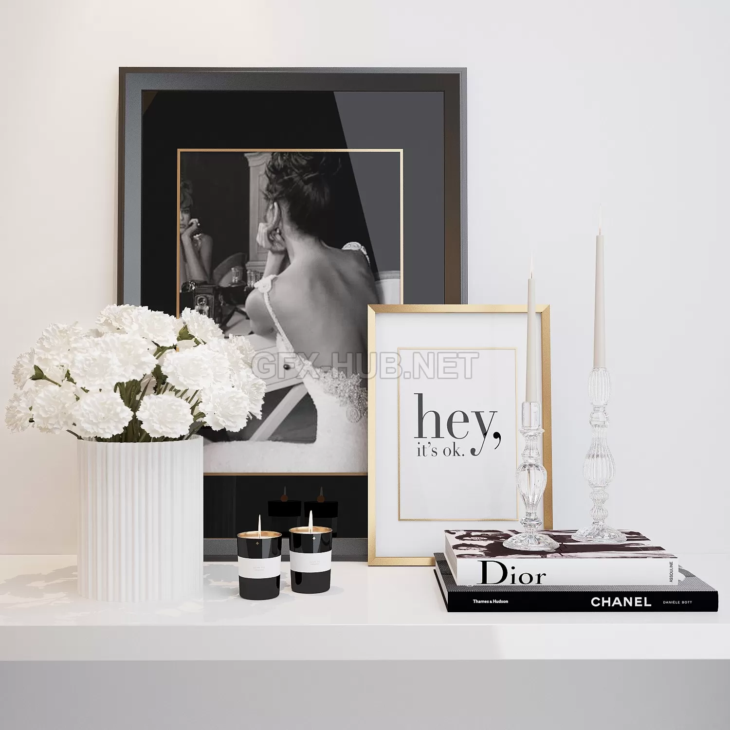 FURNITURE 3D MODELS – Decorative set with console, flowers, books, candles and posters FURNITURE 3D MODELS – Decorative set with console, flowers, books, candles and posters