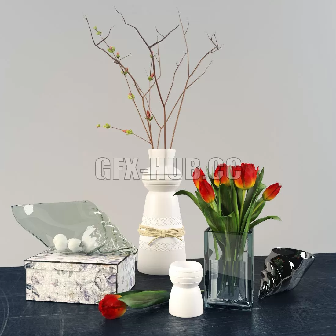 FURNITURE 3D MODELS – Decorative set with tulips and branches FURNITURE 3D MODELS – Decorative set with tulips and branches