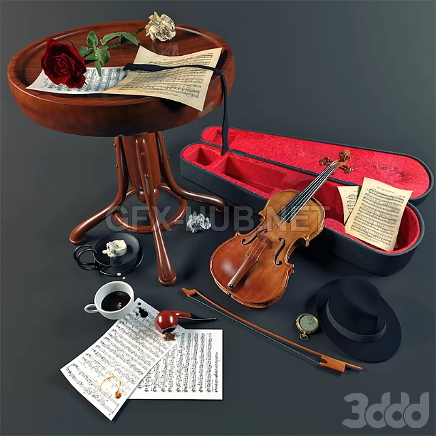 FURNITURE 3D MODELS – Decorative set with violin FURNITURE 3D MODELS – Decorative set with violin