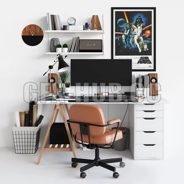 FURNITURE 3D MODELS – Modern Workplace set with decor. Sk 1