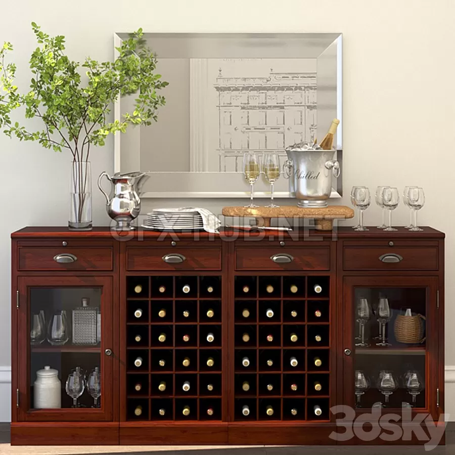 FURNITURE 3D MODELS – MODULAR BAR BUFFET WITH 2 WINE GRID BASES + 2 GLASS DOOR CABINETS + Decor set