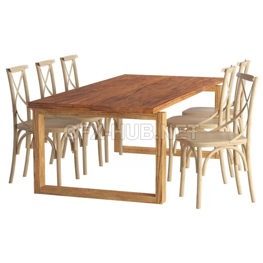 FURNITURE 3D MODELS – Odger Table And 6 Teak Cross Back Dining Chair