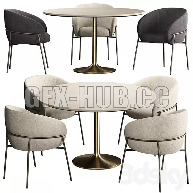 FURNITURE 3D MODELS – RIMO Chair Brown Marble Dining Table with Brass Base