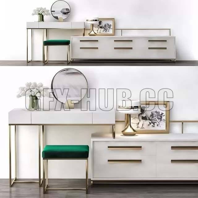 FURNITURE 3D MODELS – Toilet table by Turri, with mirror, ottoman and decor