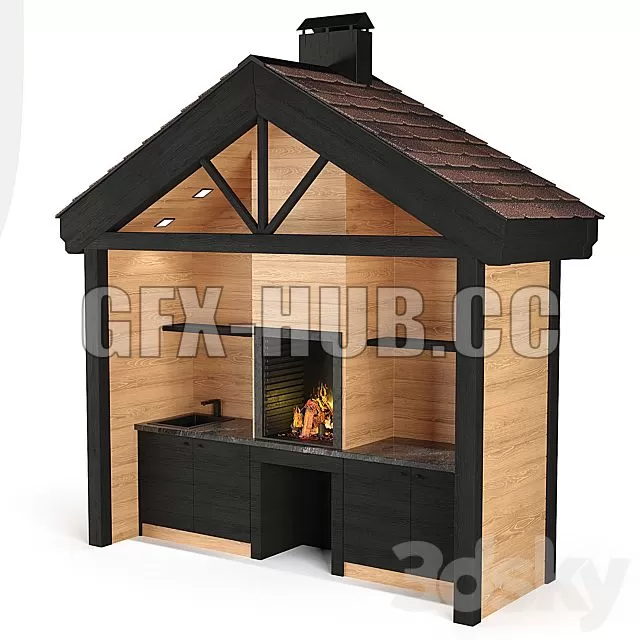 FURNITURE 3D MODELS – Wooden summer kitchen with barbecue